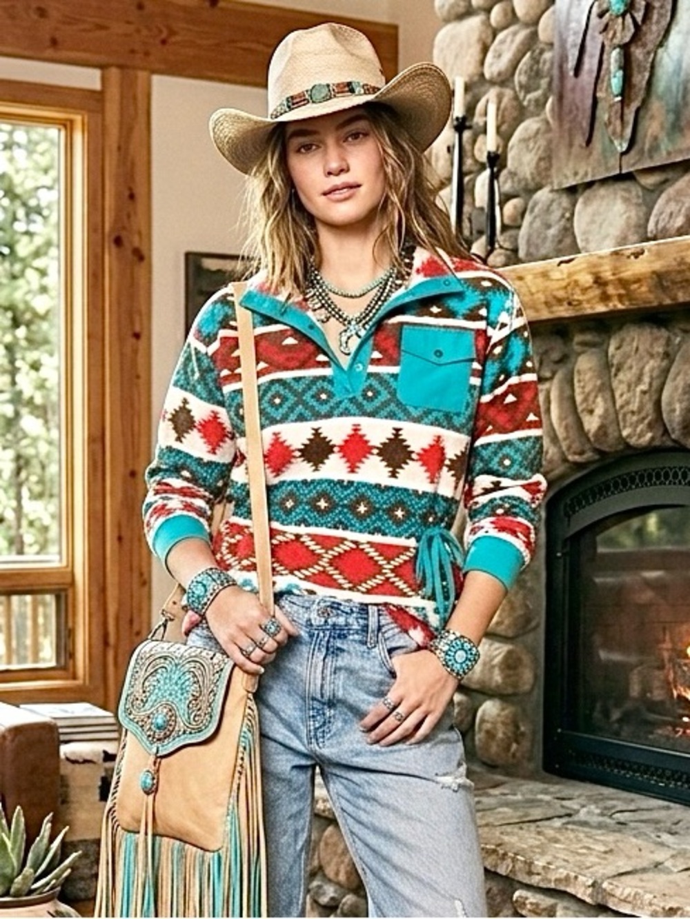 Southwestern Aztec summer boho fleece w farmhouse equestrian vibe
